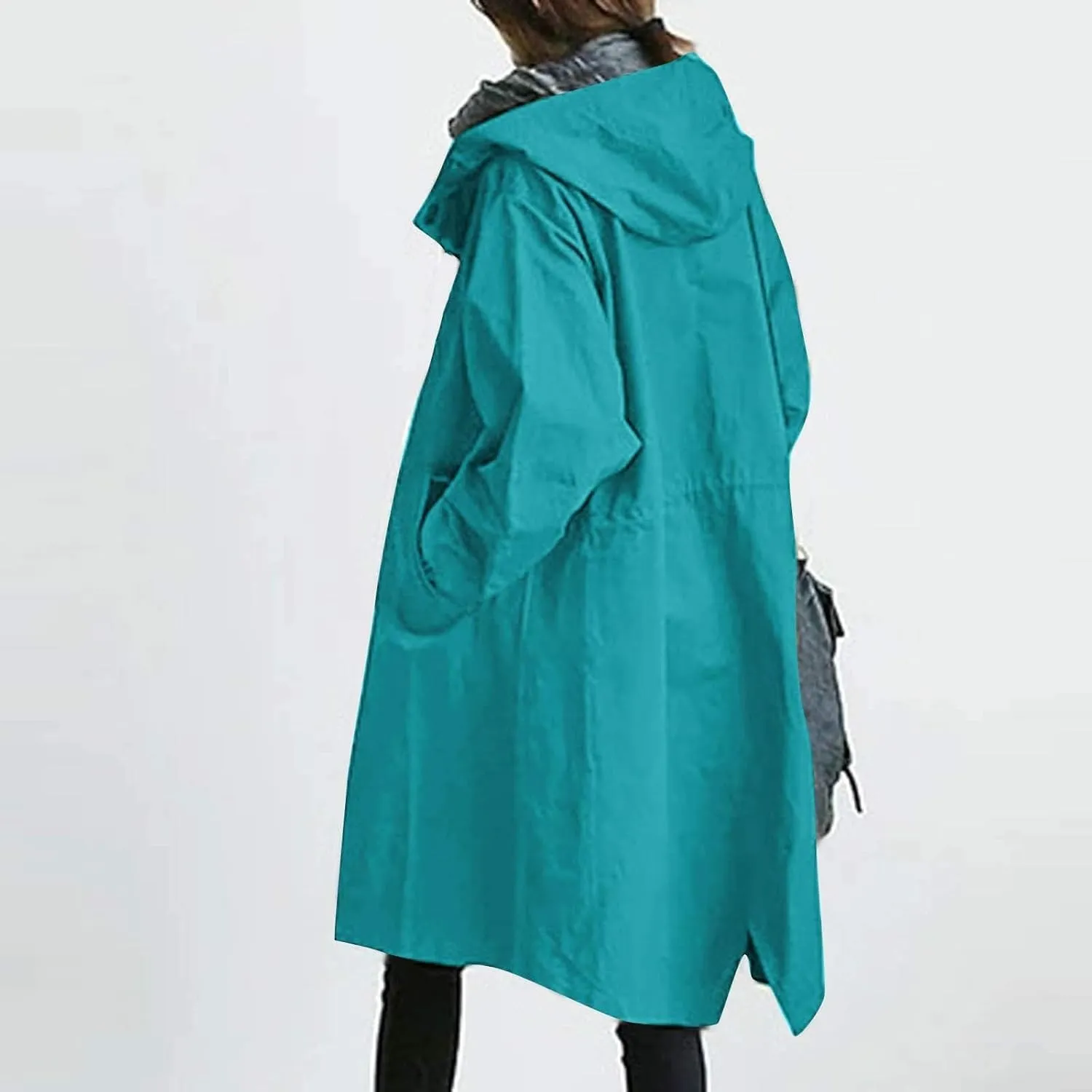 Women Hooded Trench Loose Lightweight Oversized Windproof Rain Jacket Casual Button Long Sleeve Outwear with Pockets