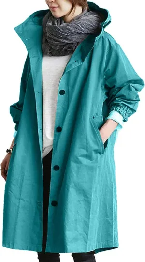 Women Hooded Trench Loose Lightweight Oversized Windproof Rain Jacket Casual Button Long Sleeve Outwear with Pockets