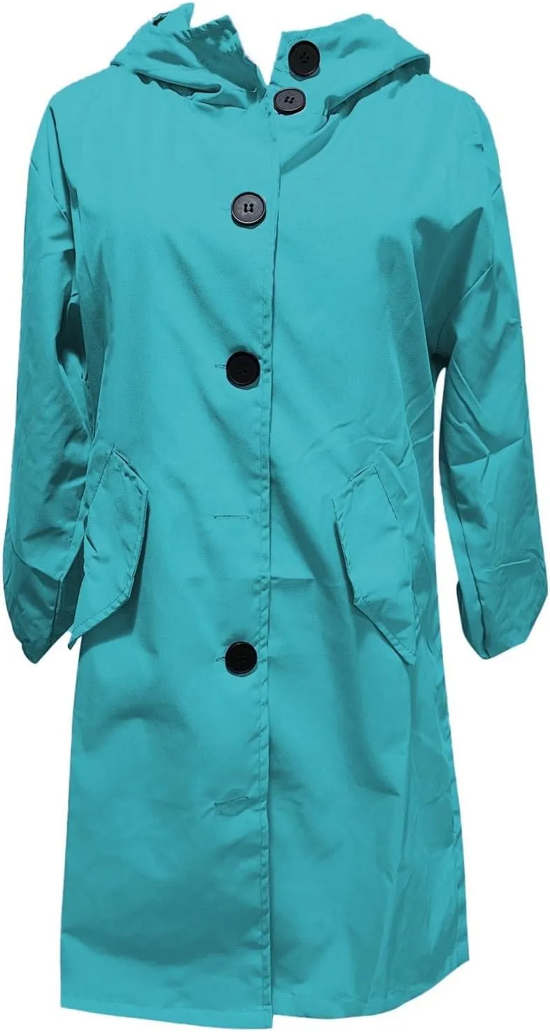 Women Hooded Trench Loose Lightweight Oversized Windproof Rain Jacket Casual Button Long Sleeve Outwear with Pockets