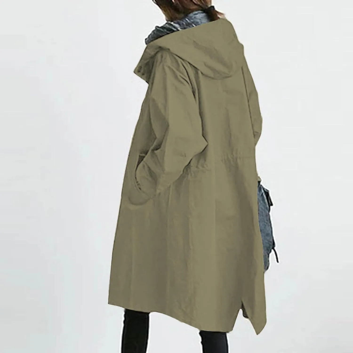 Women Hooded Trench Loose Lightweight Oversized Windproof Rain Jacket Casual Button Long Sleeve Outwear with Pockets