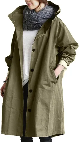 Women Hooded Trench Loose Lightweight Oversized Windproof Rain Jacket Casual Button Long Sleeve Outwear with Pockets