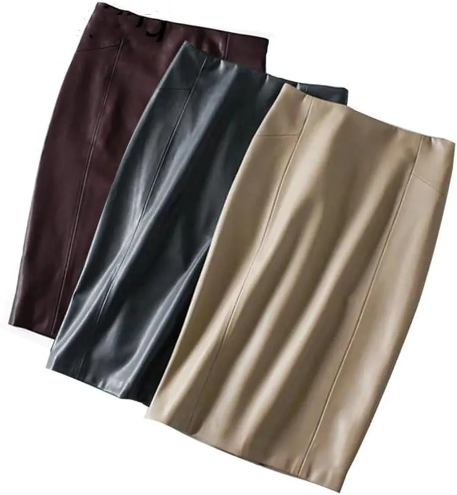 Women Sexy Soft PU Leather Pencil Midi Skirt Autumn Split Faux Leather Pencil Skirt