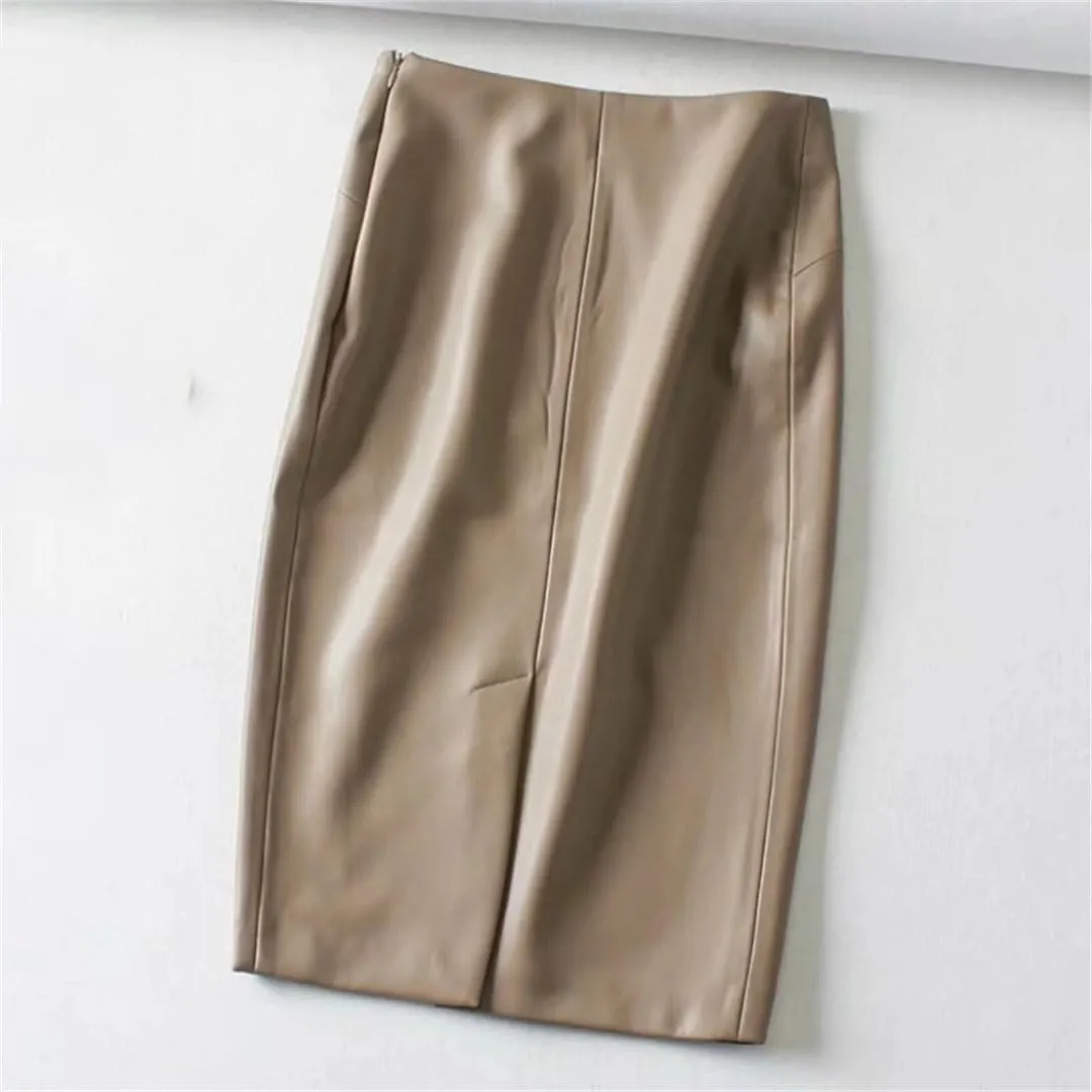 Women Sexy Soft PU Leather Pencil Midi Skirt Autumn Split Faux Leather Pencil Skirt