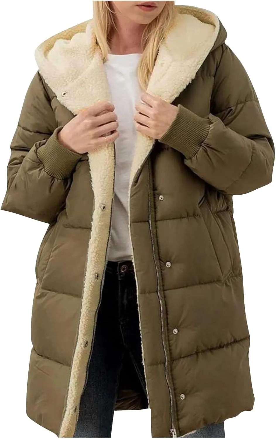 Women Winter Down Jacket Long Quilted Puffer Coat Warm Hooded Loose Fit Outerwear Fashion Casual Reversible Jacket