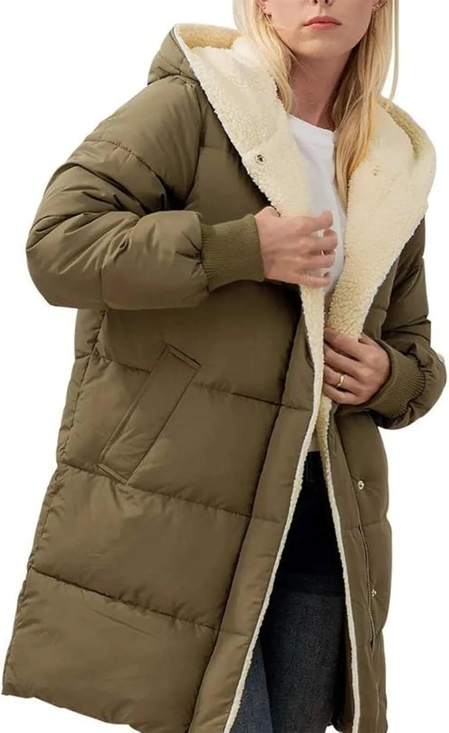 Women Winter Down Jacket Long Quilted Puffer Coat Warm Hooded Loose Fit Outerwear Fashion Casual Reversible Jacket