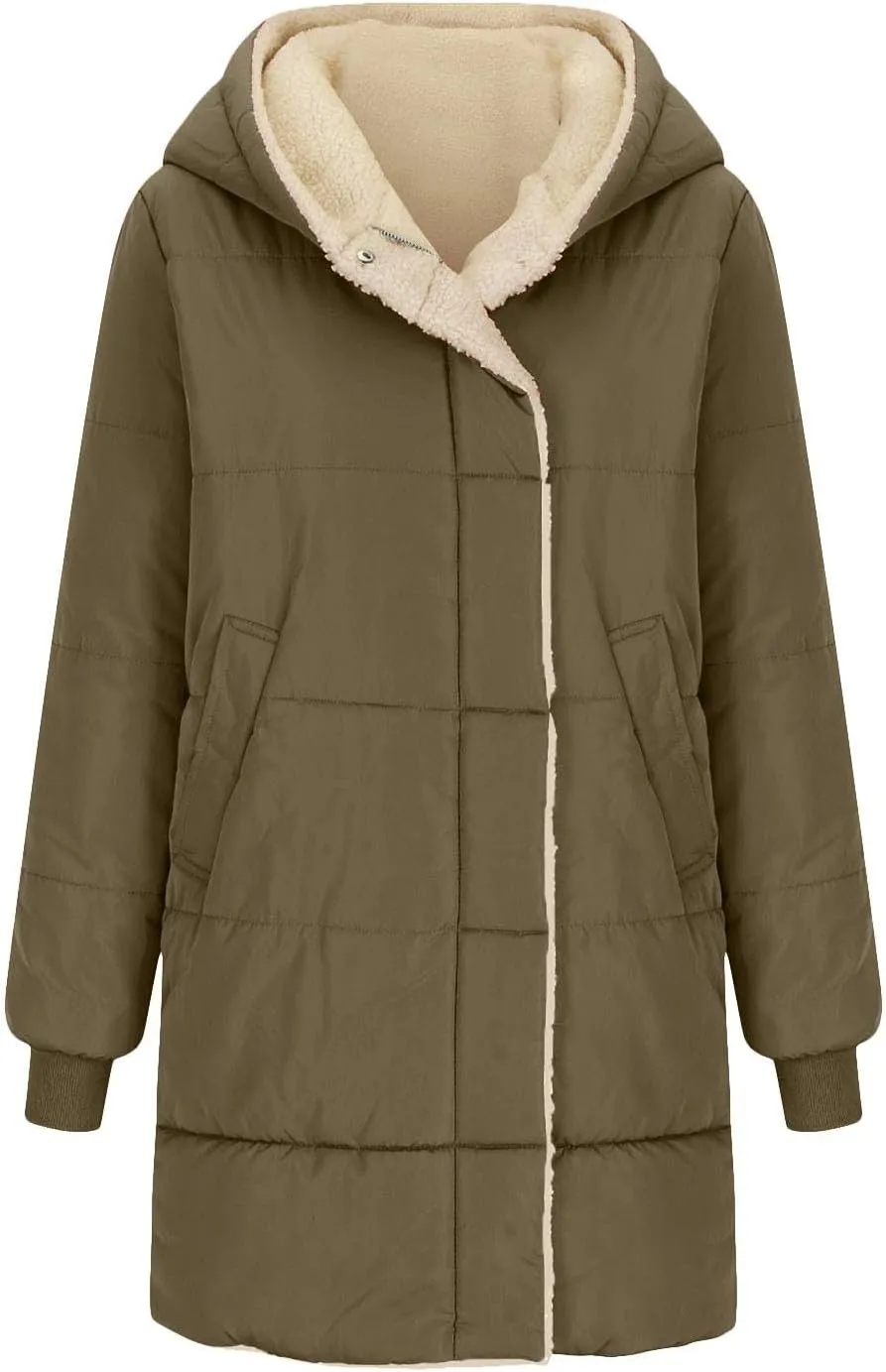 Women Winter Down Jacket Long Quilted Puffer Coat Warm Hooded Loose Fit Outerwear Fashion Casual Reversible Jacket
