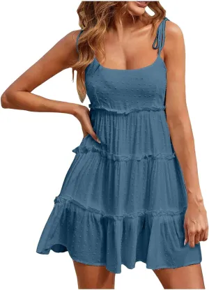 Womens 2024 Summer Floral Mini Dress Adjustable Spaghetti Strap Solid/Boho Flowy Ruffle Sleeveless Elegant/Sexy Mini Dress