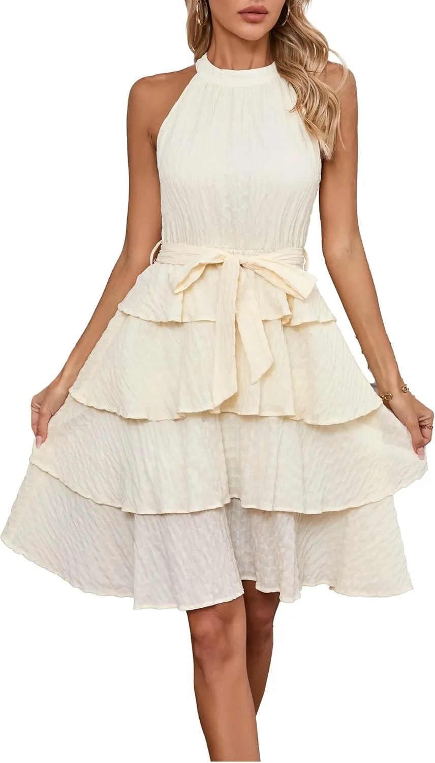 Womens Casual Summer Sleeveless Halter Neck Layered Ruffle A Line Mini Dress with Belt