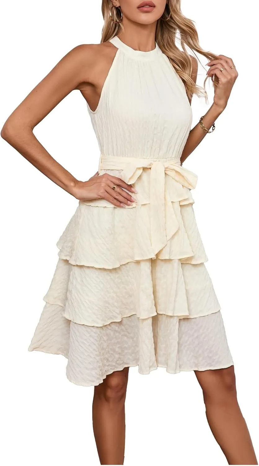 Womens Casual Summer Sleeveless Halter Neck Layered Ruffle A Line Mini Dress with Belt