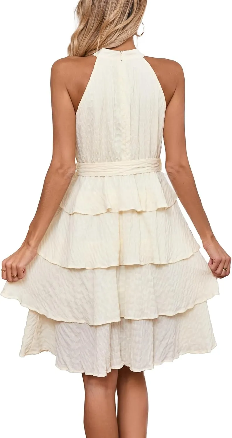 Womens Casual Summer Sleeveless Halter Neck Layered Ruffle A Line Mini Dress with Belt