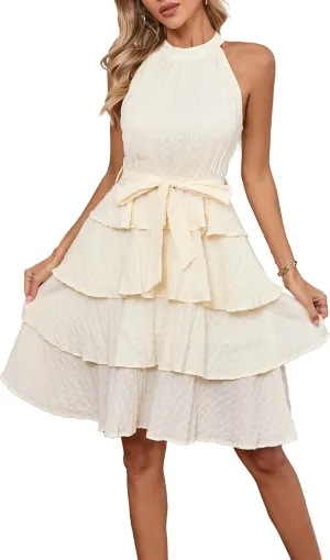 Womens Casual Summer Sleeveless Halter Neck Layered Ruffle A Line Mini Dress with Belt