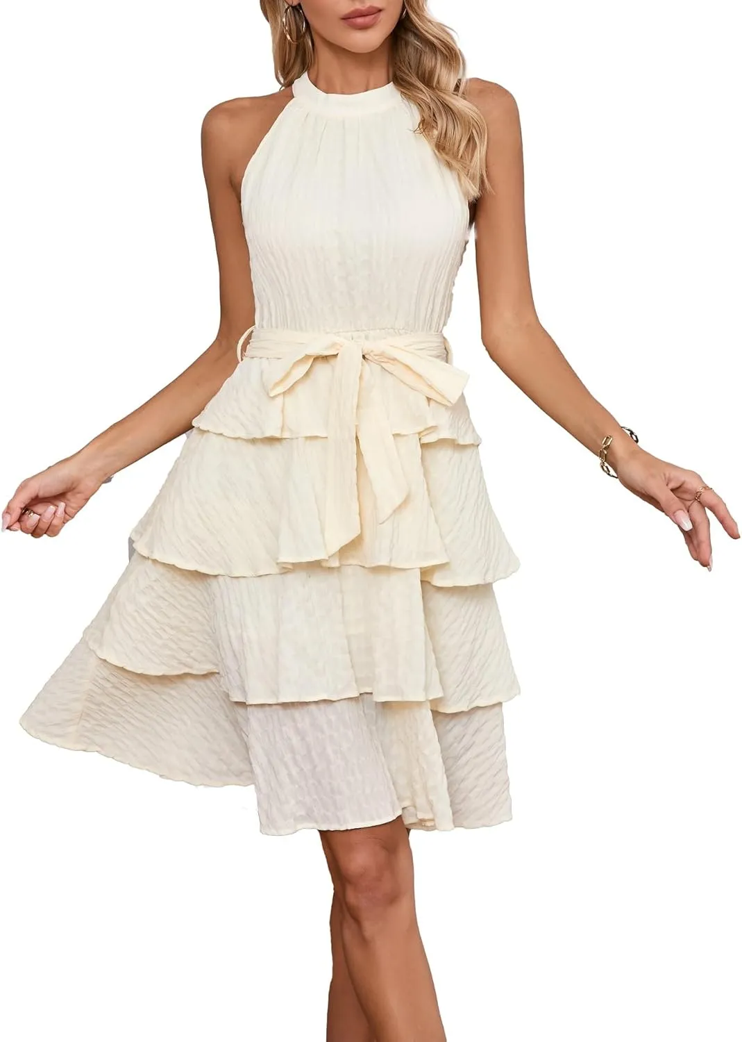 Womens Casual Summer Sleeveless Halter Neck Layered Ruffle A Line Mini Dress with Belt