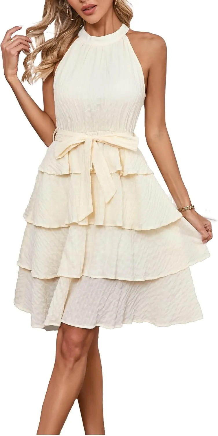 Womens Casual Summer Sleeveless Halter Neck Layered Ruffle A Line Mini Dress with Belt