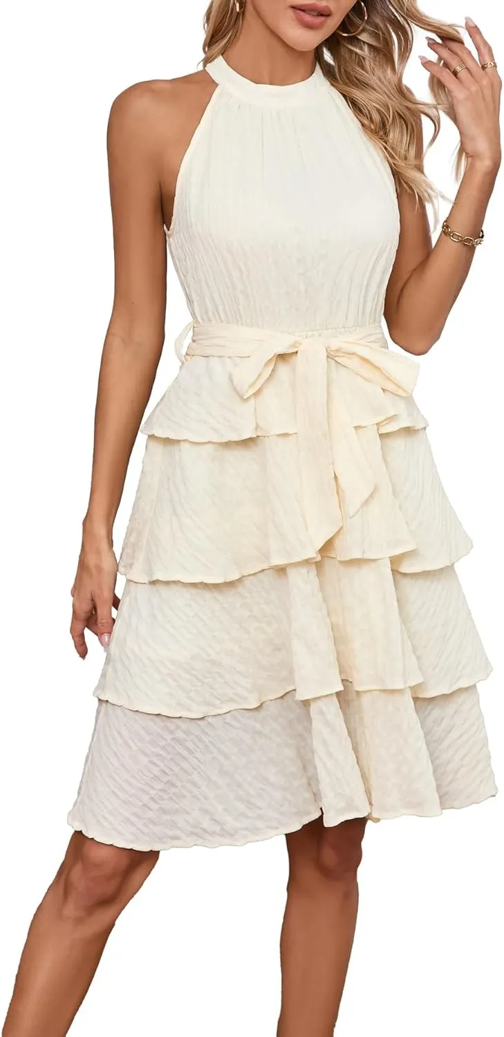 Womens Casual Summer Sleeveless Halter Neck Layered Ruffle A Line Mini Dress with Belt