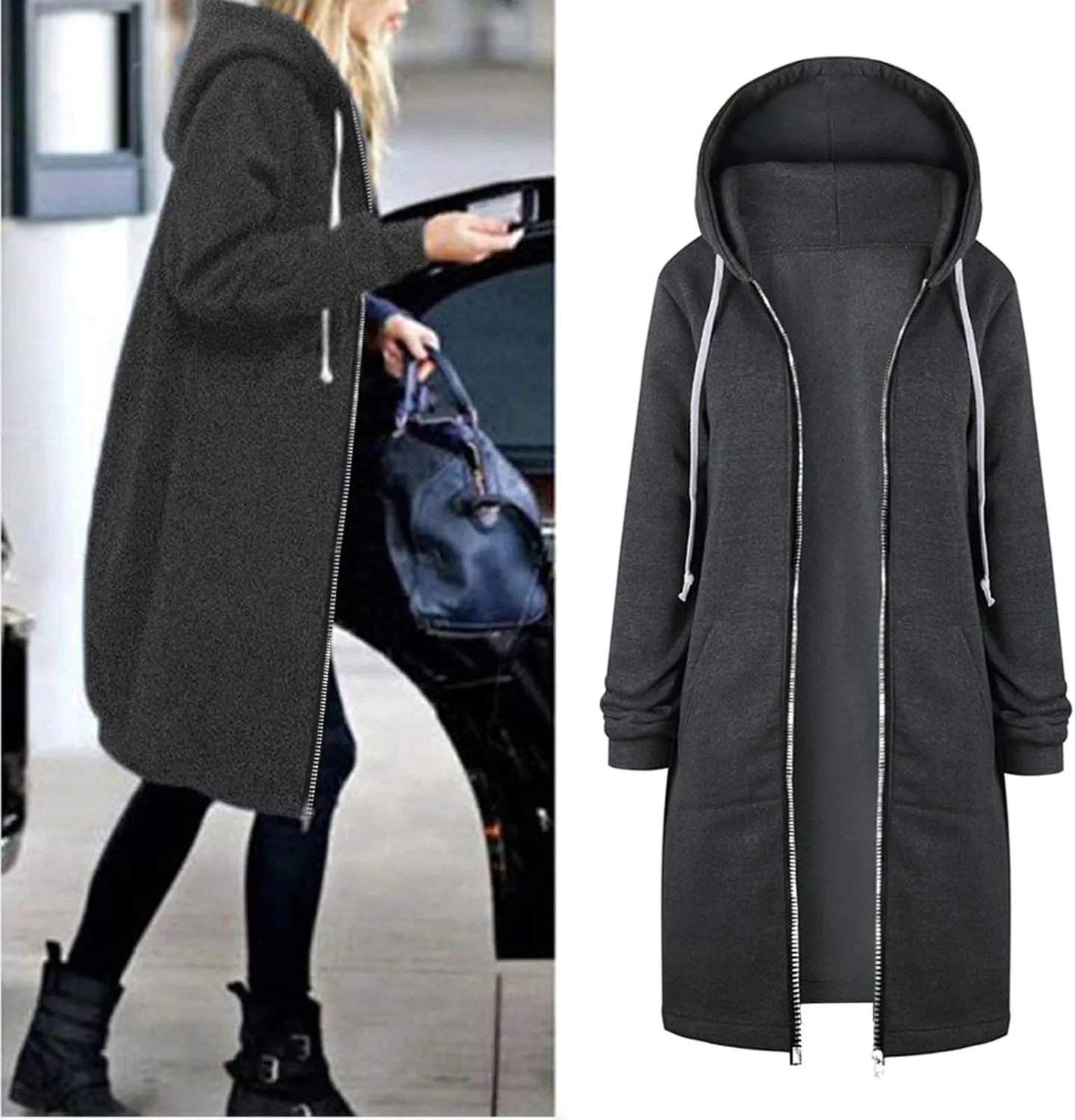 Women's Casual Zip Up Hoodies Long Tunic Sweatshirt Winter Windproof Drawstring Hooded Jacket Outerwear with Pockets
