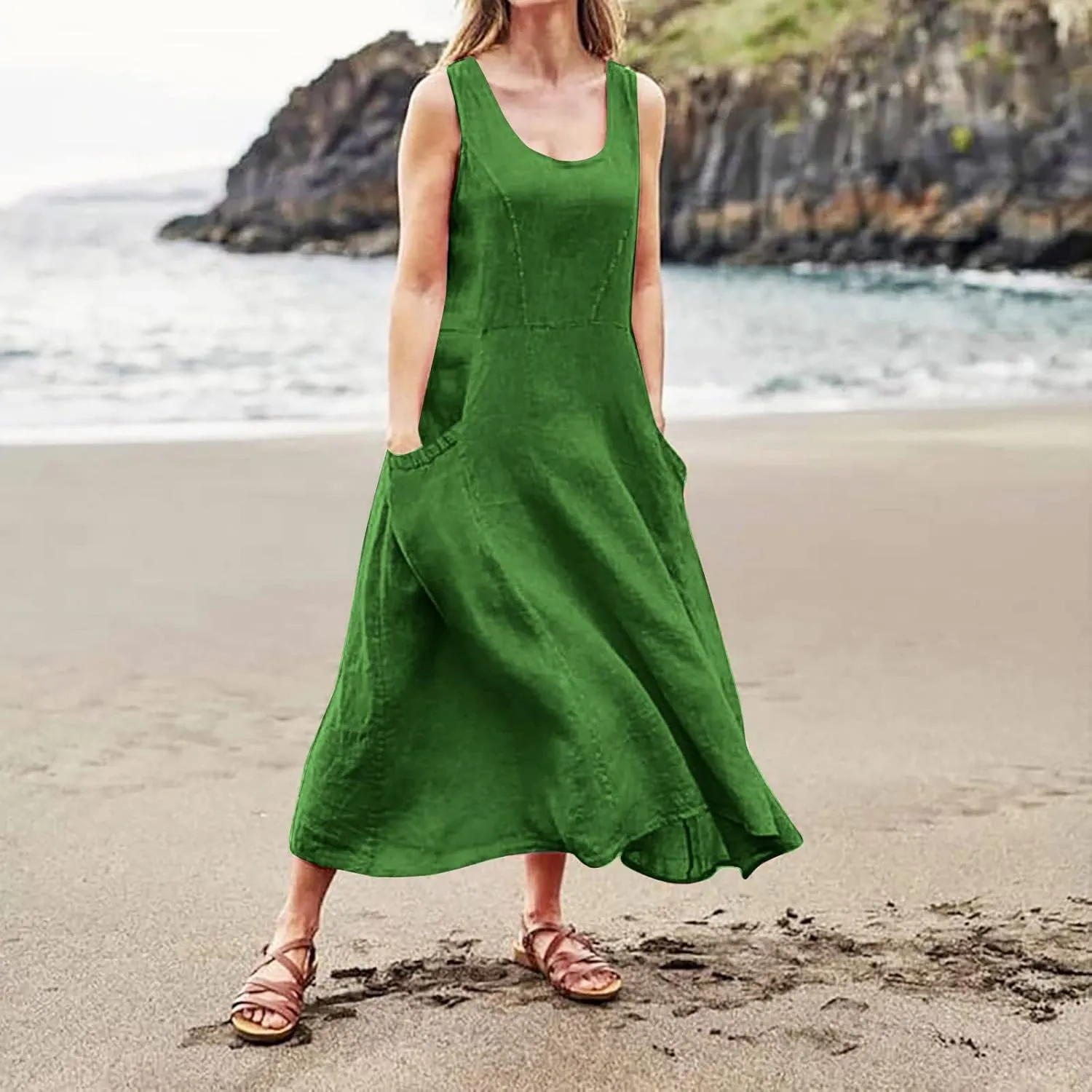 Womens Cotton Linen Sundress 2025 Plus Size Maxi Dresses for Curvy Women Summer Beach Vacation Tank Dress with Pockets