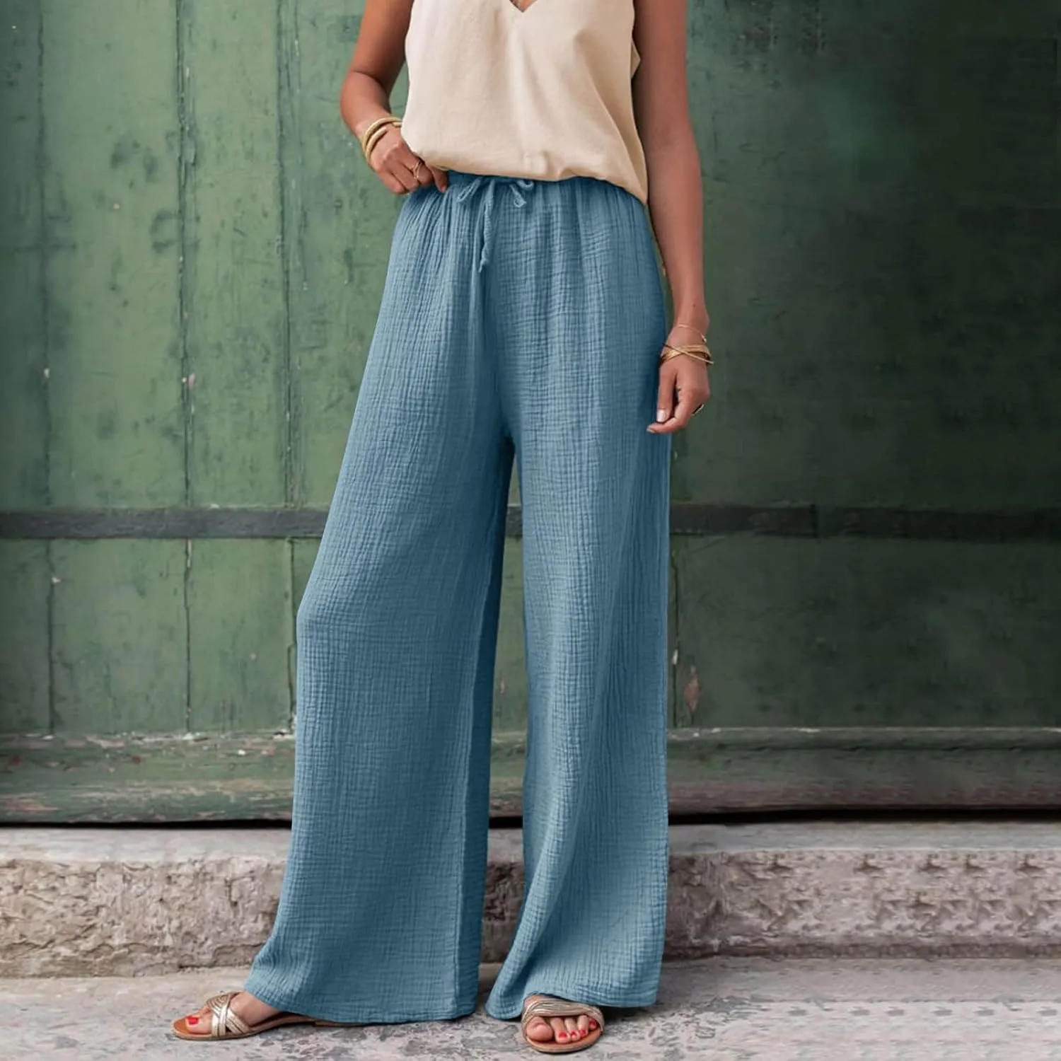 Women's High Waisted Linen Pants Wide Leg Lounge Beach Trousers Summer Casual Pant Palazzo Comfort Pants with Pockets