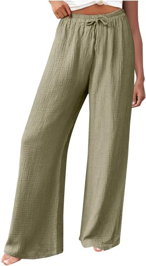 Women's High Waisted Linen Pants Wide Leg Lounge Beach Trousers Summer Casual Pant Palazzo Comfort Pants with Pockets