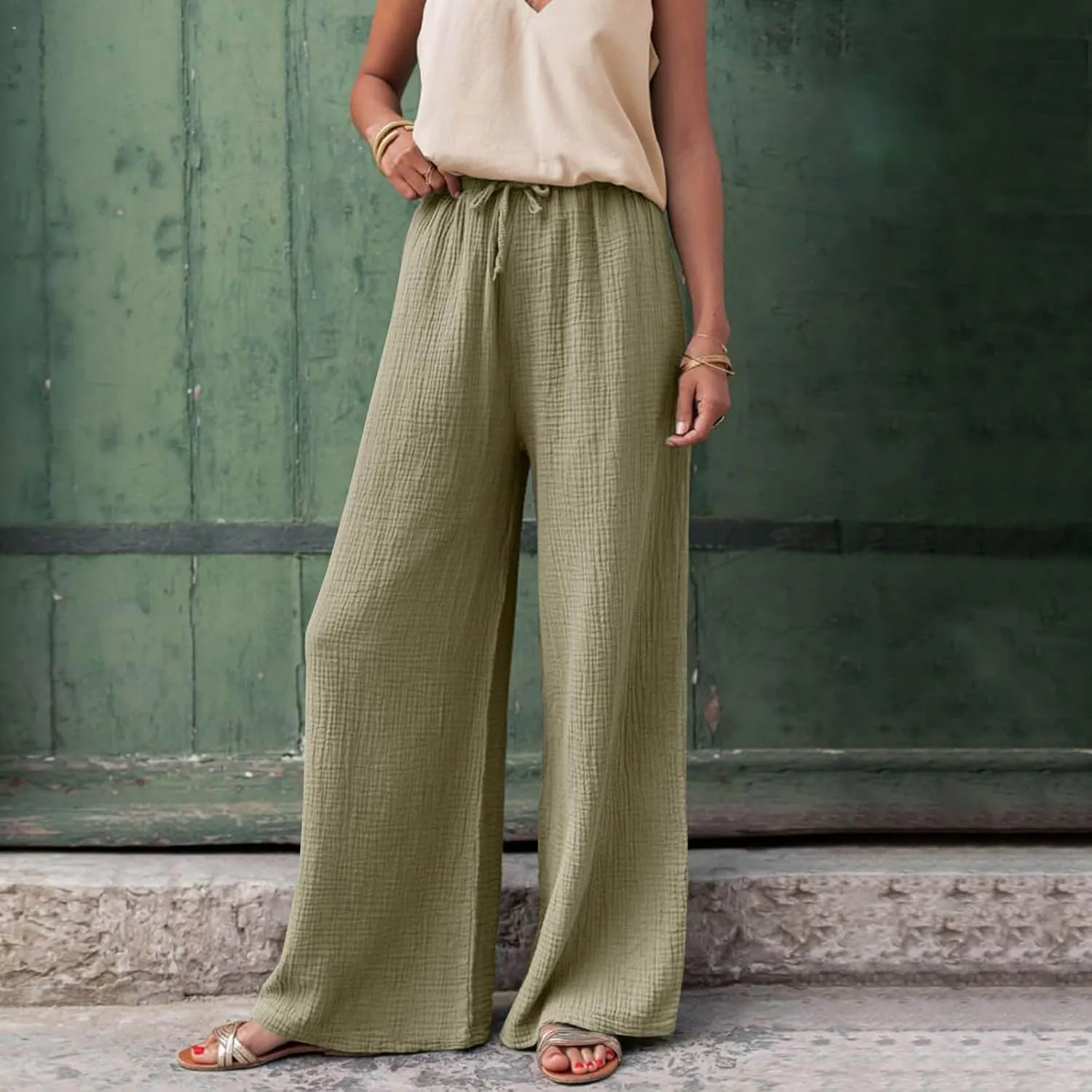 Women's High Waisted Linen Pants Wide Leg Lounge Beach Trousers Summer Casual Pant Palazzo Comfort Pants with Pockets