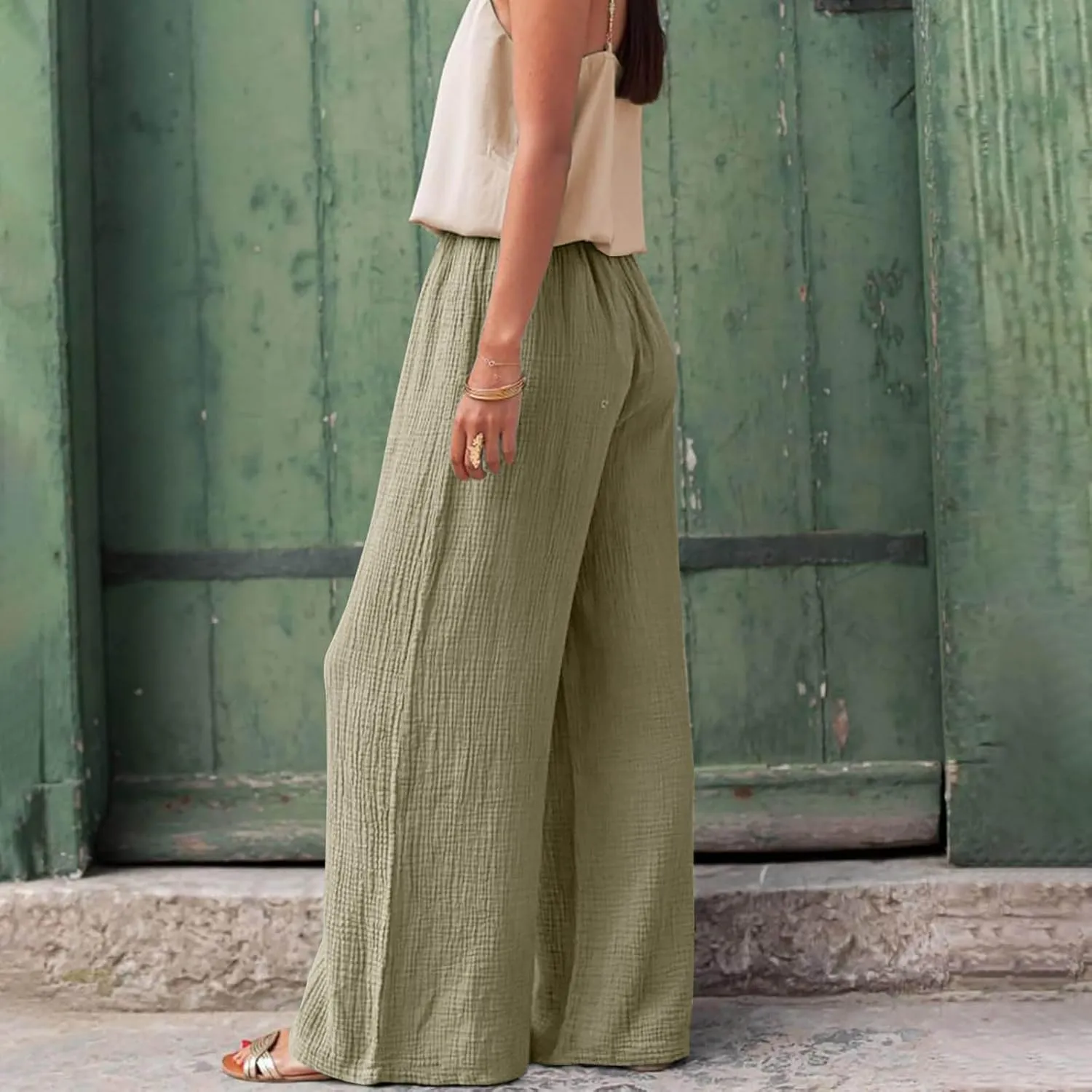 Women's High Waisted Linen Pants Wide Leg Lounge Beach Trousers Summer Casual Pant Palazzo Comfort Pants with Pockets