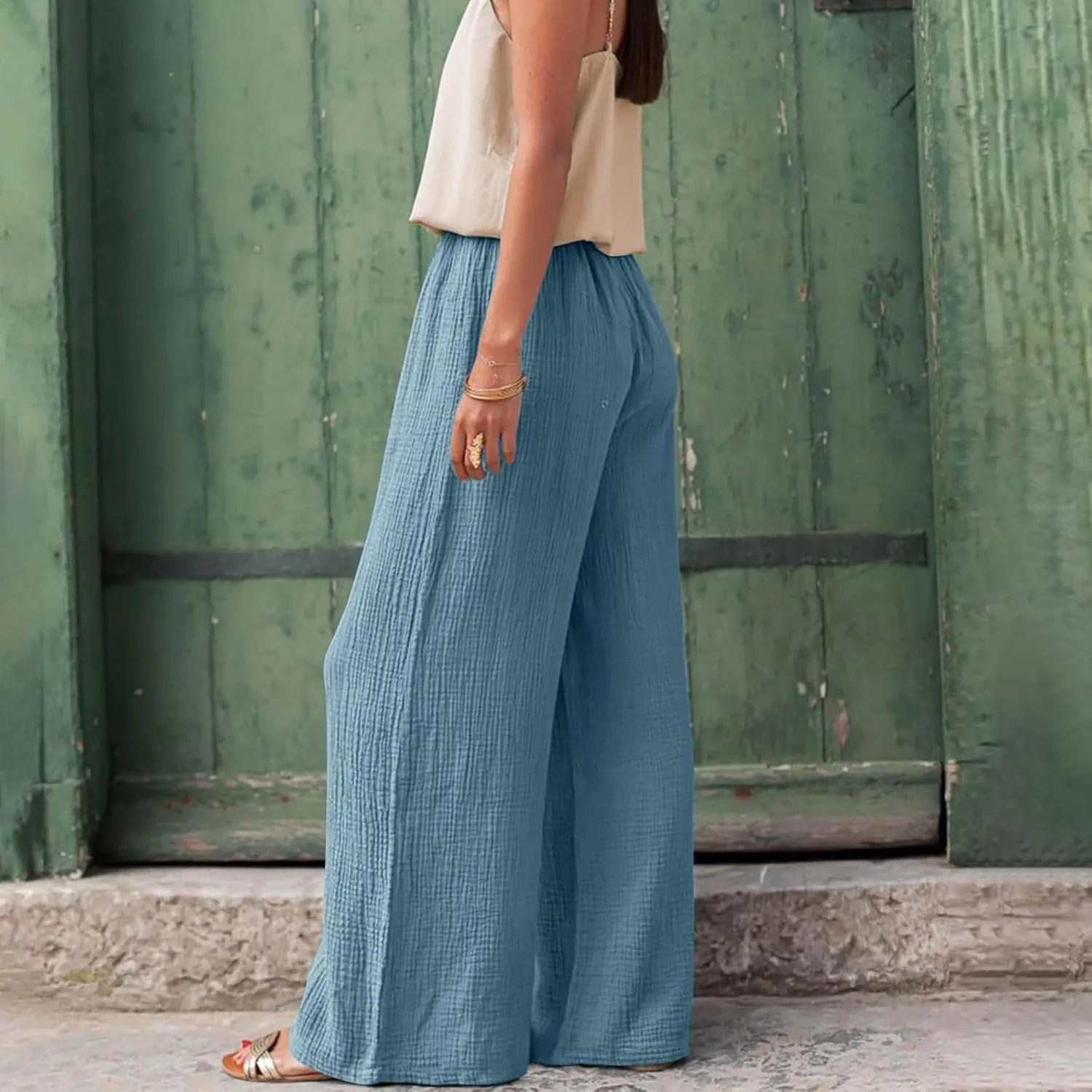 Women's High Waisted Linen Pants Wide Leg Lounge Beach Trousers Summer Casual Pant Palazzo Comfort Pants with Pockets