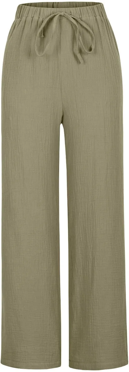 Women's High Waisted Linen Pants Wide Leg Lounge Beach Trousers Summer Casual Pant Palazzo Comfort Pants with Pockets