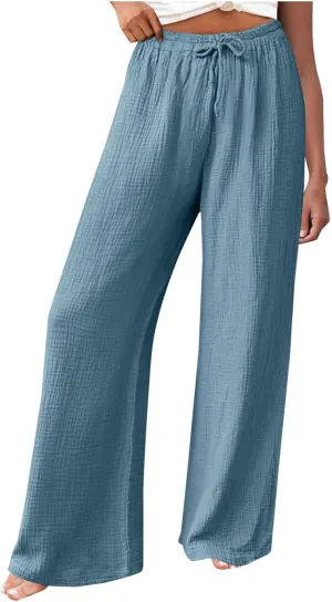 Women's High Waisted Linen Pants Wide Leg Lounge Beach Trousers Summer Casual Pant Palazzo Comfort Pants with Pockets