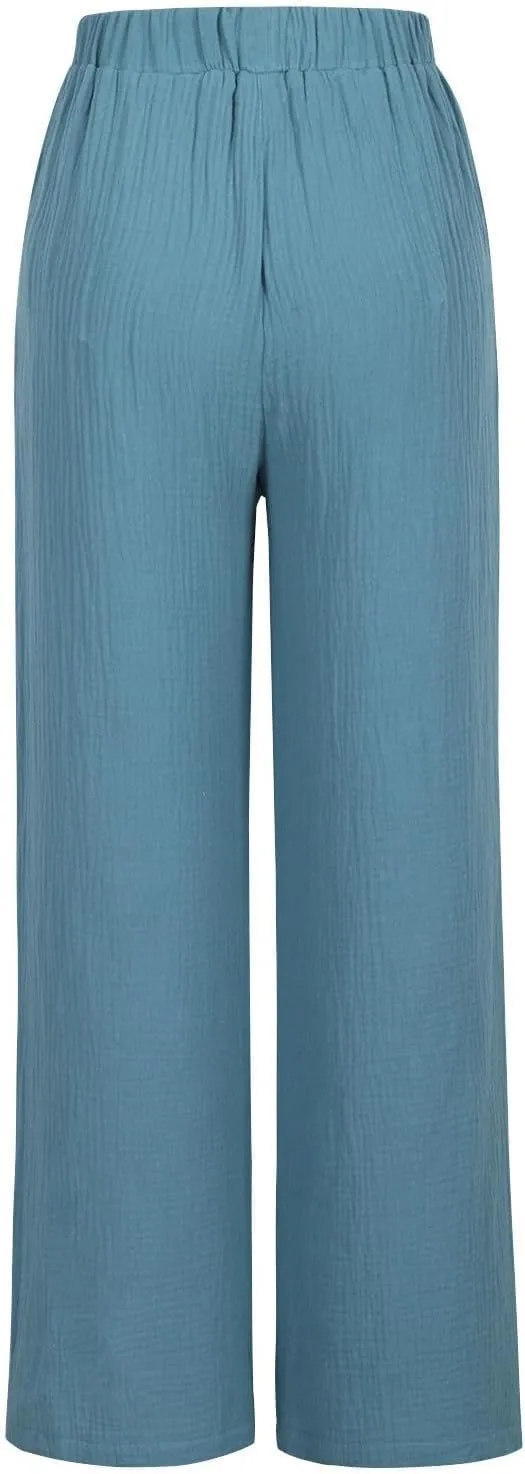 Women's High Waisted Linen Pants Wide Leg Lounge Beach Trousers Summer Casual Pant Palazzo Comfort Pants with Pockets