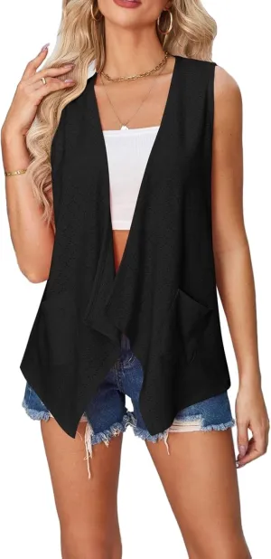Women's Lightweight Cardigan Summer Hollow Out Sleeveless Cardigan High Low Hem Draped Open Front Vest with Pocket