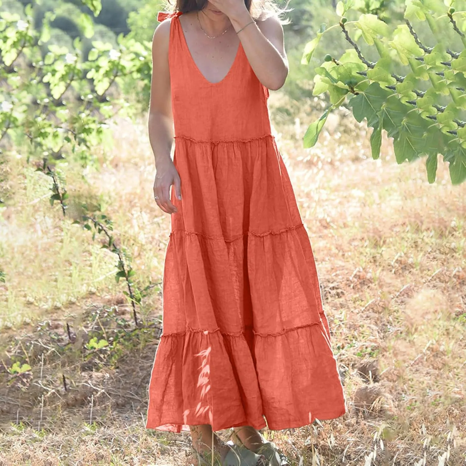 Womens Linen Maxi Dresses Spaghetti Strap V Neck Ruffle Tiered Summer Beach Dress Boho Flowy A Line Plus Size Sundress