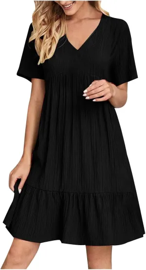Womens Summer Pleated Ruffle Flowy Beach Sundresses, Dresses for Women 2025 Vacation Short Sleeve V Neck Mini T Shirt Dress
