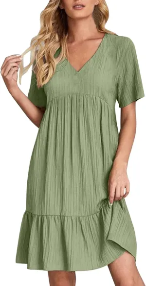 Womens Summer Pleated Ruffle Flowy Beach Sundresses, Dresses for Women 2025 Vacation Short Sleeve V Neck Mini T Shirt Dress