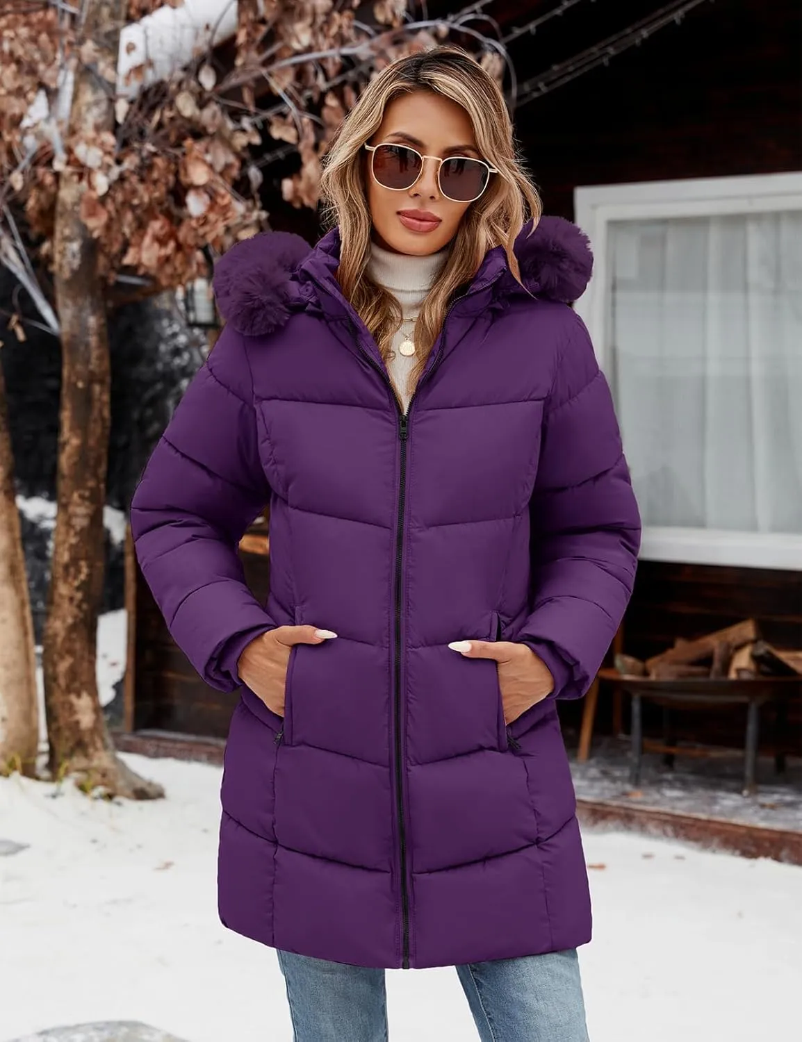Womens Winter Coats Puffer Down Parka Thicken Warm Hooded Jacket Fleece Lined Outwear with Removable Faux Fur Hood