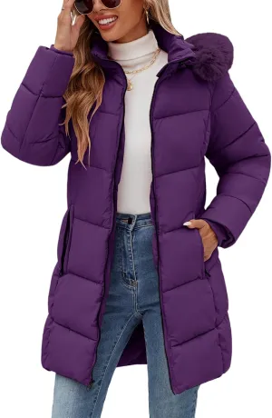 Womens Winter Coats Puffer Down Parka Thicken Warm Hooded Jacket Fleece Lined Outwear with Removable Faux Fur Hood