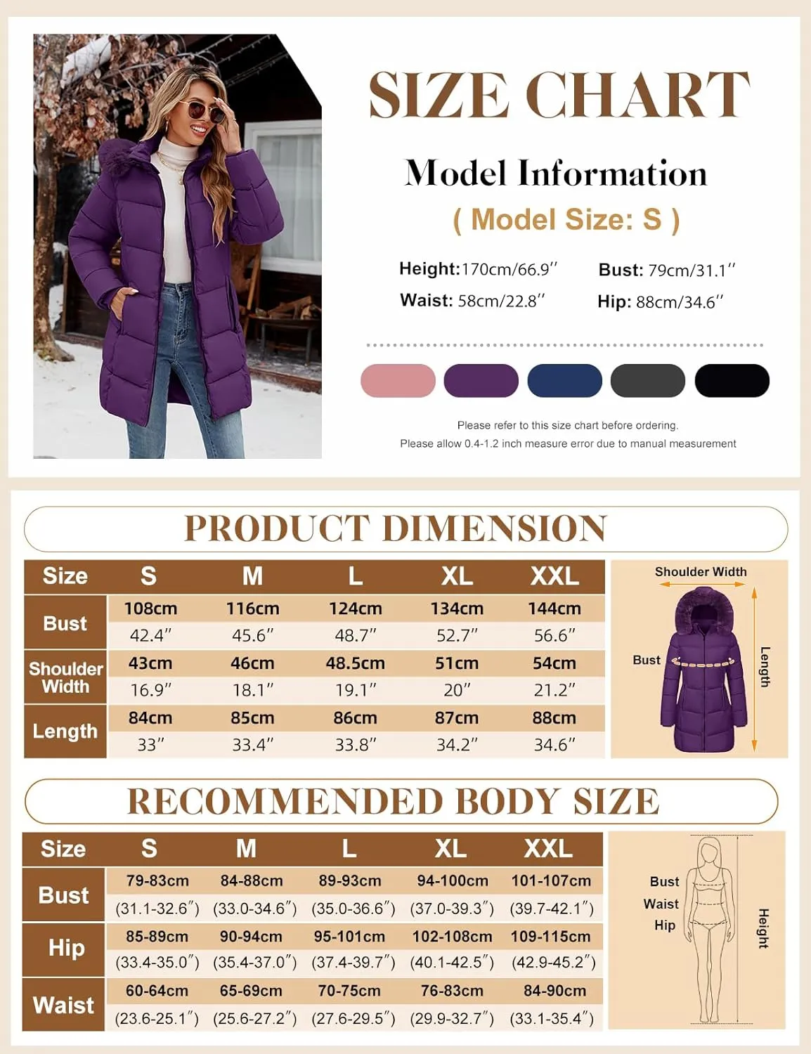 Womens Winter Coats Puffer Down Parka Thicken Warm Hooded Jacket Fleece Lined Outwear with Removable Faux Fur Hood