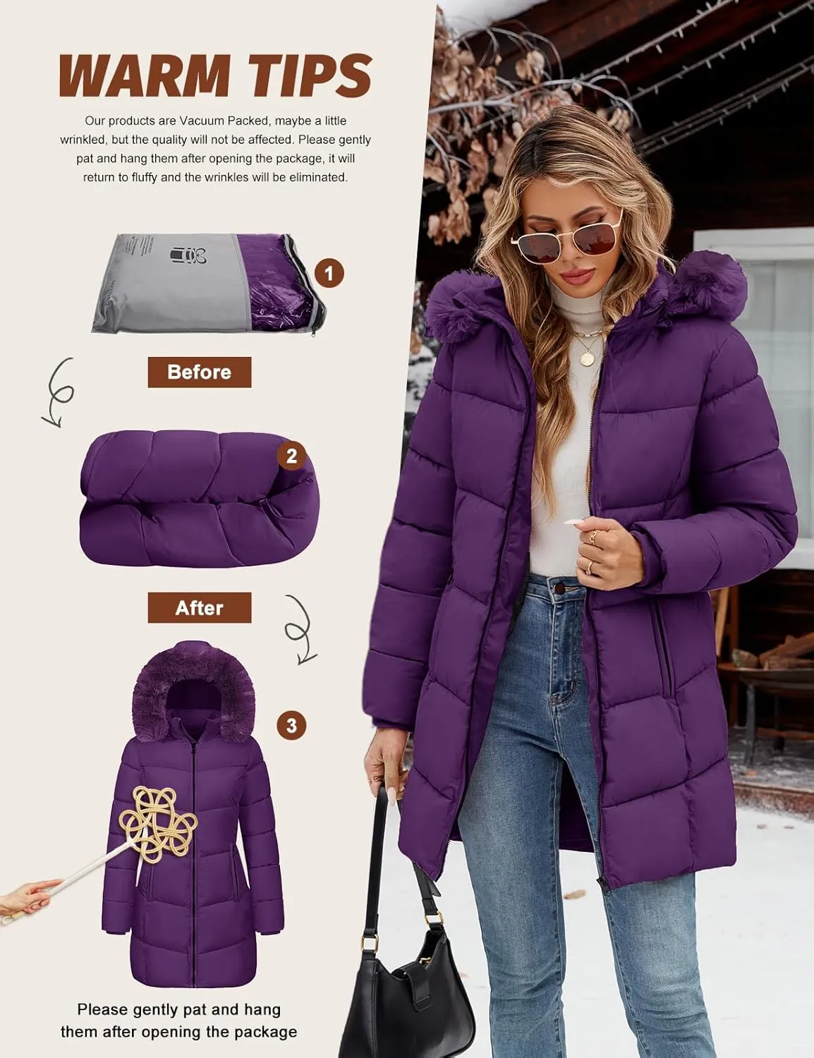 Womens Winter Coats Puffer Down Parka Thicken Warm Hooded Jacket Fleece Lined Outwear with Removable Faux Fur Hood