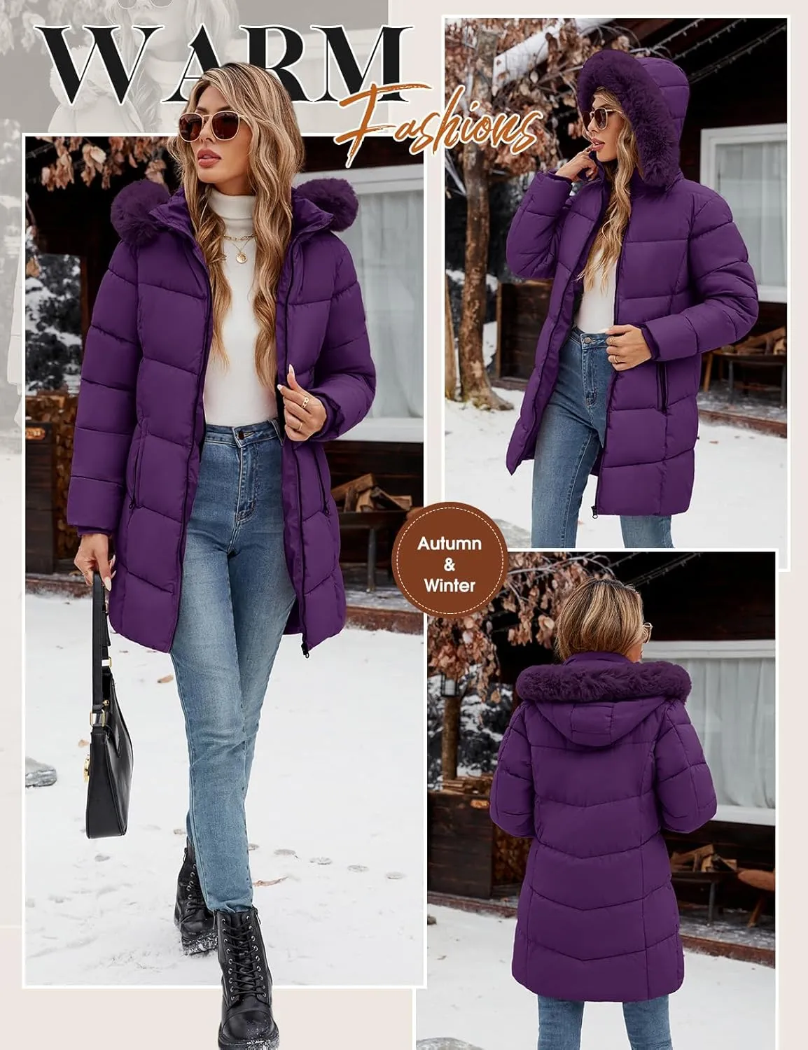 Womens Winter Coats Puffer Down Parka Thicken Warm Hooded Jacket Fleece Lined Outwear with Removable Faux Fur Hood