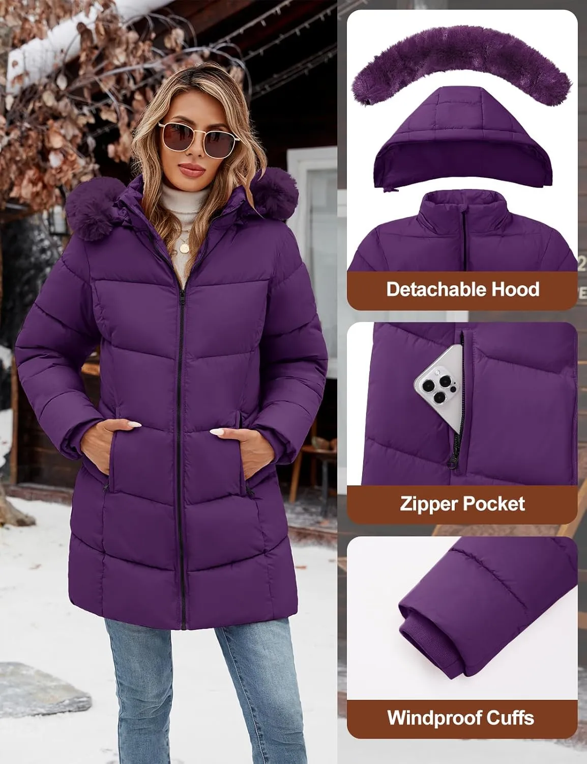 Womens Winter Coats Puffer Down Parka Thicken Warm Hooded Jacket Fleece Lined Outwear with Removable Faux Fur Hood