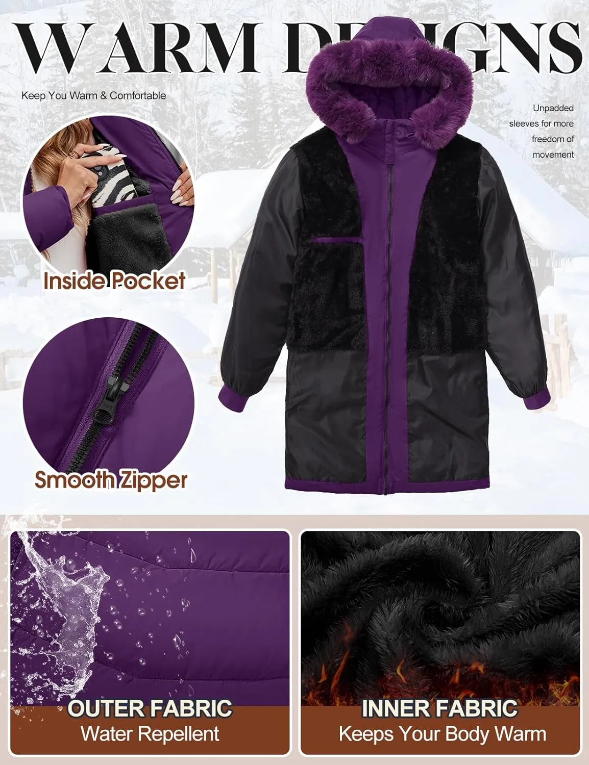 Womens Winter Coats Puffer Down Parka Thicken Warm Hooded Jacket Fleece Lined Outwear with Removable Faux Fur Hood
