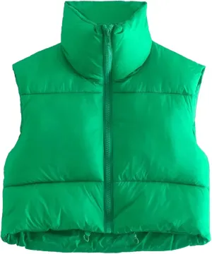 Women's Zip Up Cropped Quilted Puffer Vest Sleeveless Stand Collar Waistcoat Gilet Lightweight Winter Down Jacket