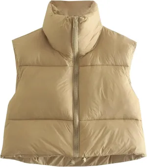 Women's Zip Up Cropped Quilted Puffer Vest Sleeveless Stand Collar Waistcoat Gilet Lightweight Winter Down Jacket