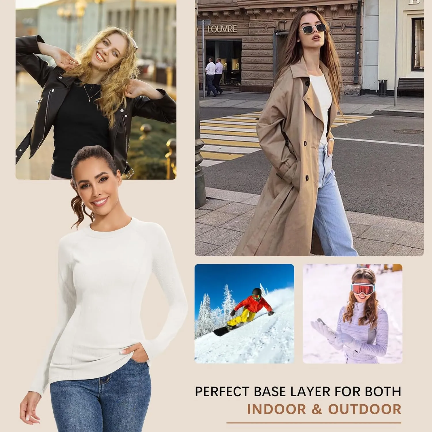 WOWENY Thermal Shirts for Women Base Layer Soft Fleece Lined Long Sleeve Top Thermal Underwear Winter Cold Weather