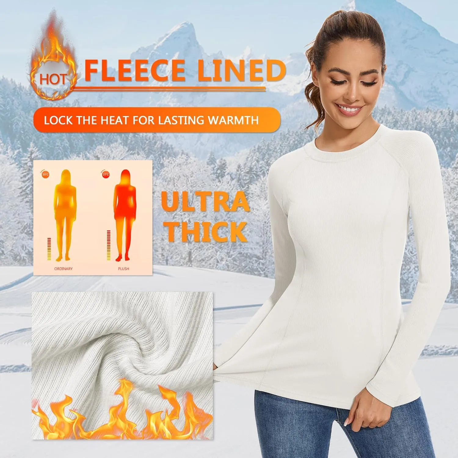 WOWENY Thermal Shirts for Women Base Layer Soft Fleece Lined Long Sleeve Top Thermal Underwear Winter Cold Weather