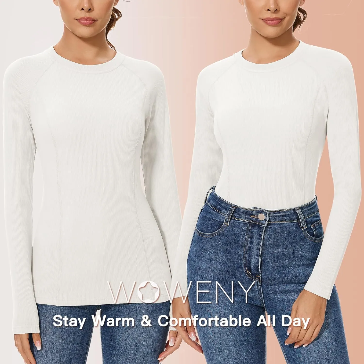 WOWENY Thermal Shirts for Women Base Layer Soft Fleece Lined Long Sleeve Top Thermal Underwear Winter Cold Weather
