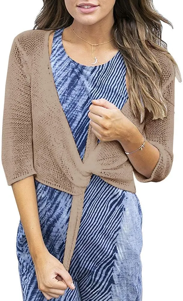 YeMgSiP Women's Tie Front Shrug 3/4 Sleeve Bolero Sheer Knotted Lightweight Cardigan Sweaters Short Shawl Tops